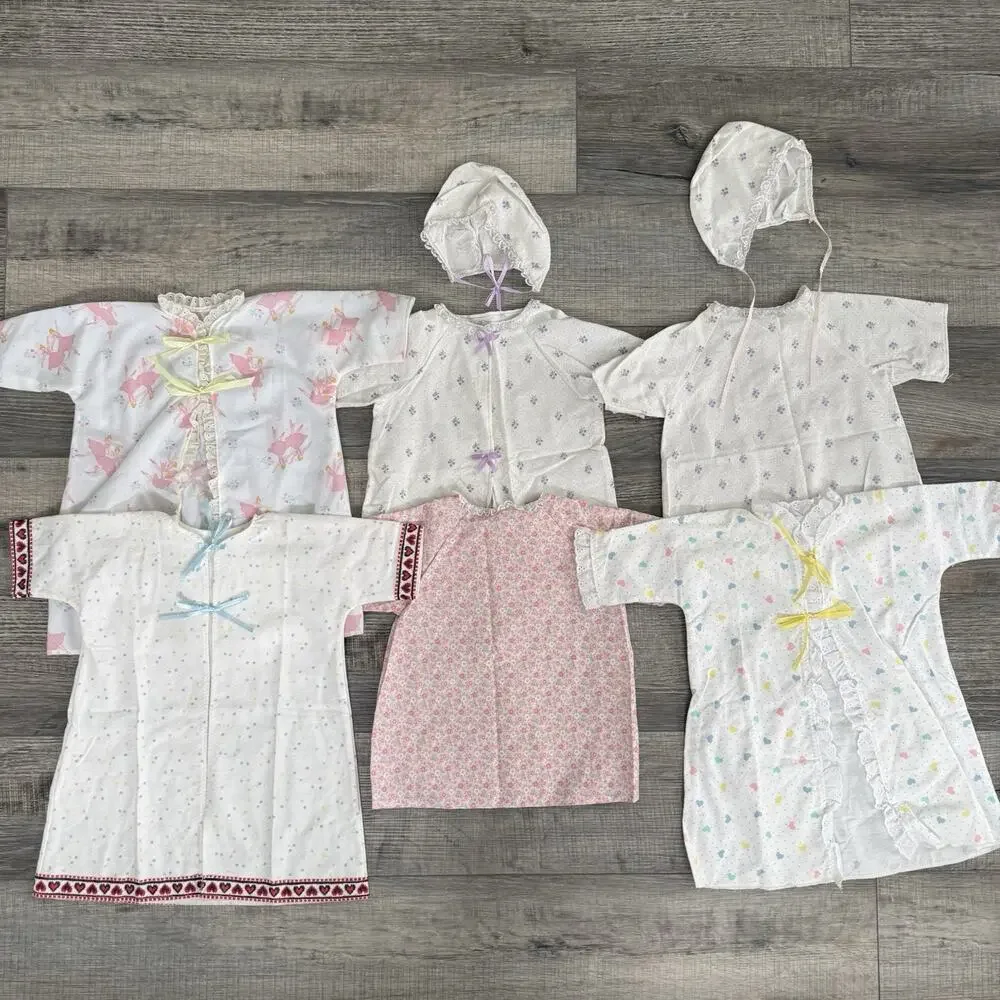 Vtg Baby Doll Baby Clothes Lot Robe Dress Bonnet Open Back Handmade Lace Trim